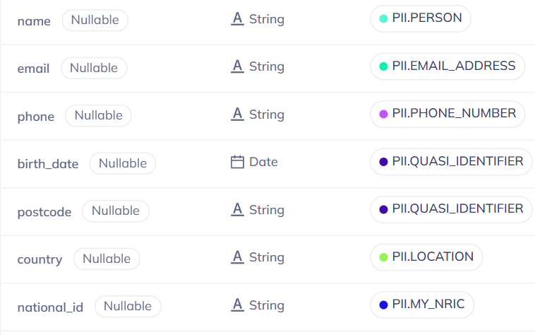 DataHub 1.7.0.1: the columns of booknest.customers with their PII tags