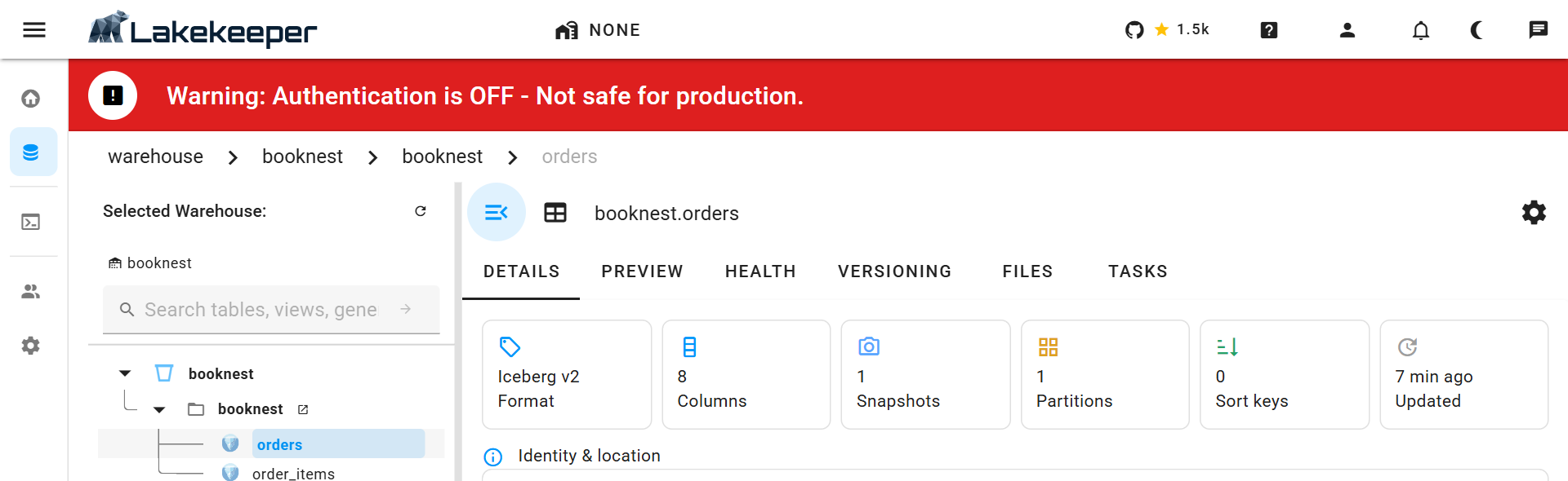 Lakekeeper's web console showing BookNest's orders table in the booknest warehouse